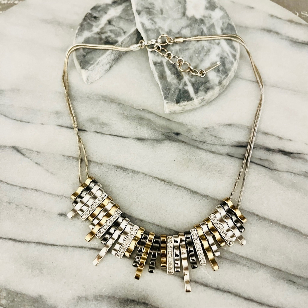 Nine West Mix Metal Statement Necklace Silver Gold Toned Pave Accent Edgy - Picture 1 of 7